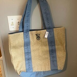 Victoria's Secret Blue and Tan Woven Tote
